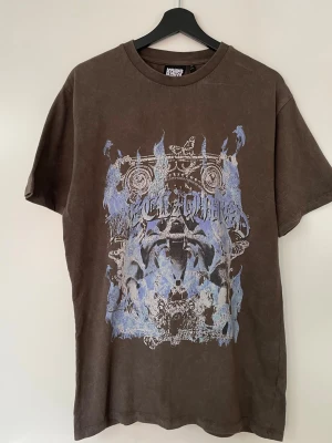 Brun oversized t-shirt med tryck. Storlek S - Cool brun t-shirt från Pechamps med ett stort grafiskt tryck i blått och vitt på framsidan. Oversized passform och klassisk rund hals. Perfekt för dig som gillar streetwear och unika prints. Storlek S men sitter som M