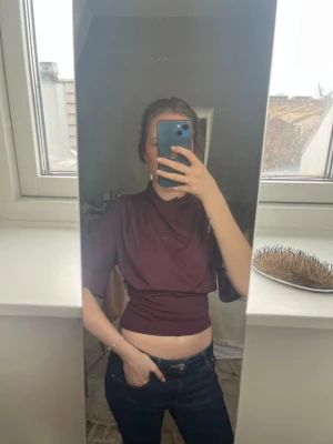 Vinröd/plommonfärgad blus/topp Gina Tricot  - Snygg vinröd/plommonfärgad croppad topp/blus med korta ärmar, hög hals och åtsittande midja. Materialet är mjukt och stretchigt. Storlek s. Jättebra skick! 🤍