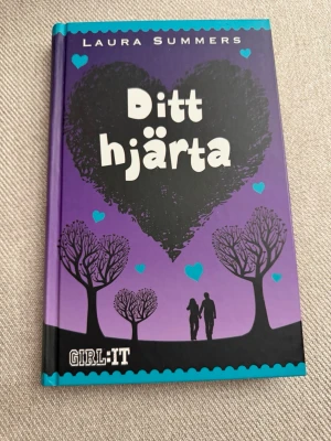 Ditt hjärta av Laura Summers - En ungdomsroman med hårda pärmar i lila och svart, skriven av Laura Summers. Omslaget har ett stort svart hjärta, silhuetter av träd och ett par som håller varandra i handen. Boken handlar om Becky som fått ett nytt hjärta och dras in i ett mystiskt äventyr.