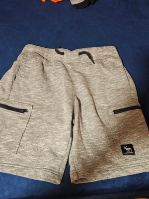 Grå sweatshorts från Abercrombie - Mysiga grå sweatshorts från Abercrombie med dragsko i midjan och två fickor med dragkedja. Melerad look och mjukt material som passar perfekt för chill dagar. Liten logga med älg på vänster ben.
