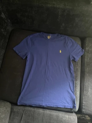 Blå t-shirt från Ralph Lauren - Säljer en klassisk blå t-shirt från Ralph Lauren med det ikoniska gula logobroderiet på bröstet. T-shirten har rund hals, korta ärmar och är tillverkad i mjuk bomull. Perfekt till jeans eller shorts för en enkel och stilren look.