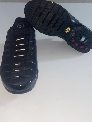 Nike Air Max Plus Tn helsvarta sneakers - Säljer ett par helsvarta Nike Air Max Plus Tn sneakers med ikoniska Tn-detaljer på hälen och sulan. Skorna har en vågig design i mesh och syntet, samt synliga Air-enheter i sulan för extra komfort. Svarta snören och diskreta vita detaljer på ovandelen.
