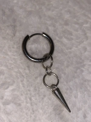 Silvrigt örhänge med konformad hängare - Säljer ett silvrigt örhänge i ringmodell med en konformad hängande detalj. Örhänget har en minimalistisk och edgy stil, perfekt för dig som gillar att sticka ut. Materialet är metall i silverfärg och designen är enkel men cool.