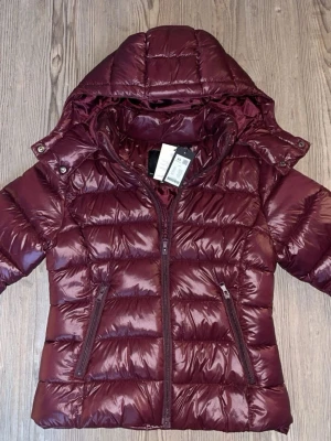 Vinröd dunjacka med huva - Snygg vinröd dunjacka med glansig finish och avtagbar huva. Jackan har två dragkedjeförsedda fickor framtill och quiltad design som ger en modern look. Perfekt för kalla vinterdagar och enkel att matcha med olika outfits.