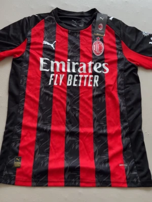 AC Milan matchtröja Puma röd/svart - Snygg AC Milan matchtröja från Puma i rött och svart med klassiska vertikala ränder. Tröjan har klubbmärke och Puma-logga på bröstet samt sponsortryck 'Emirates Fly Better' framtill. Tillverkad i lätt och ventilerande material, perfekt för fotboll eller träning.