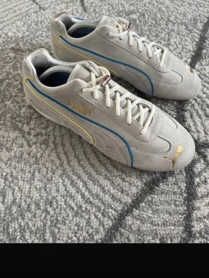 Puma Speedcats sneakers mocka grå - Säljer ett par grå Puma Speedcat sneakers i mocka med vita sulor och snörning. Skorna har detaljer i guld, blått och gult längs sidorna samt guldfärgad Puma-logga på sidan och framtill. Klassisk låg modell med rund tå och retrovibbar.