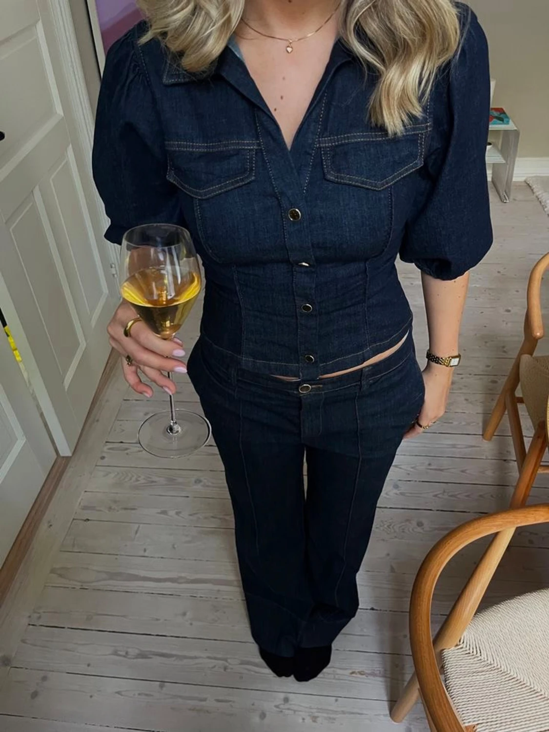 jeanstopp med puffärm och knappar marinblå xs - 2