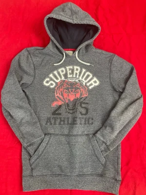Grå Superdry hoodie med tryck - Säljer en snygg mörkgrå Superdry hoodie med tryck av en tiger på bröstet. Huva med vita dragsnören och magficka framtill. Skriv i dm om ni har några frågor!👍Priset går att diskutera🤝🔥