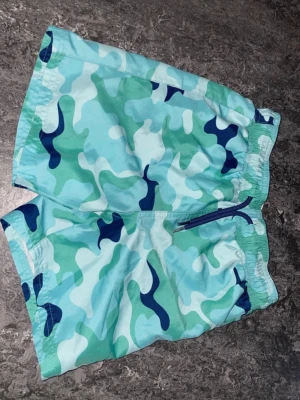 Blågröna camo badbyxor - Säljer ett par badbyxor med blågrönt camouflagemönster. De har elastisk midja med dragsko och en ficka med dragkedja fram samt en bakficka. Perfekta för stranden eller poolen. Materialet känns snabbtorkande och lätt.