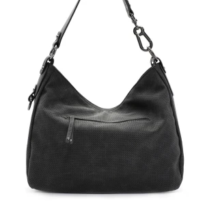 Svart axelväska från Suri Frey - Cool svart axelväska från Suri Frey med perforerat syntetmaterial och snygga metalldetaljer. Väskan har en bred axelrem, flera fack med dragkedja och ett mönstrat innerfoder med logotyp. Är lite missfärgade på ringarna vilket man ser på bild 3 och har en fläck på insidan som man ser på sista bilden. Har även ett längre axelband som går att ta av och sätta på. Köpt för 679kr. Väskan är mörkgrå. 