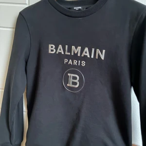 Svart sweatshirt från Balmain Paris - Svart sweatshirt från Balmain Paris med silverfärgat logotryck framtill. Helt äkta och 2 år gammal men knappt använd då jag inte fick tillfälle för de