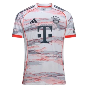 Bayern München fotbollströjor Adidas - Två snygga Bayern München fotbollströjor från Adidas. Ena tröjan är vit med grå och röda grafiska mönster, den andra är röd med vita detaljer och vertikala effekter. Båda har klubbens logga, Adidas-märke och Telekom-sponsor på bröstet. Tillverkade i lätt, ventilerande polyester.