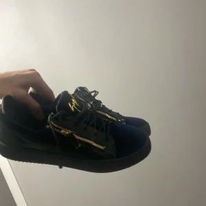 Giuseppe Zanotti  - Säljer ett par lyxiga sneakers från Giuseppe Zanotti i mörkblå sammet och svart skinn. Har ej kvitto. Skorna har guldfärgade dragkedjor och logga på plösen, samt snörning och platt sula. Grym design som sticker ut och passar dig som gillar exklusiva detaljer.