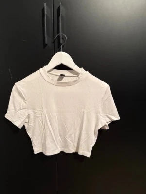 Vit croppad ribbad topp - Säljer en vit croppad topp med ribbad struktur och korta ärmar. Toppen har en rund halsringning och är tillverkad i mjukt material som sitter skönt mot kroppen. Perfekt att matcha med jeans eller kjol för en enkel och fräsch look.