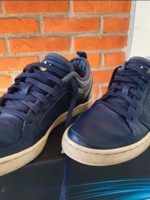 Adidas AR-D1 mörkblå sneakers 40 2/3 - Säljer ett par Adidas AR-D1 sneakers i mörkblått skinn med klassisk Adidas-logga i guld på plösen. Skorna har perforerade detaljer på sidorna, rund tå och platt sula i beige. Skön vadderad plös och snörning framtill. Perfekt för dig som gillar retrostil och streetwear.