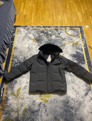 Svart dunjacka från Canada Goose  - Säljer en svart dunjacka från Canada Goose i storlek L. Jackan har klassisk pufferstil, huva och logotyp på ärmen. Fodrad med dun och har dragkedja samt knappar framtill. Perfekt för kalla dagar och riktigt snygg streetstil.