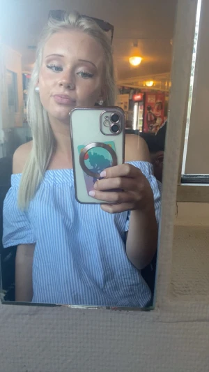 Blåvit randig offshoulder blus - Säljer en söt blus med blåvita ränder och offshoulder-design. Toppen har korta ärmar med lätt puff och en avslappnad passform. Perfekt för dig som gillar en fräsch och somrig stil med lite extra edge. Xs men stretch i tyget där man drar över axlarna 