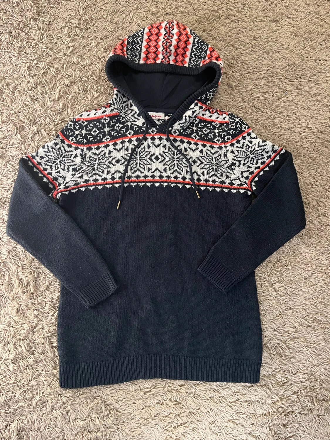 Mörkblå stickad archive hoodie med mönster - 1