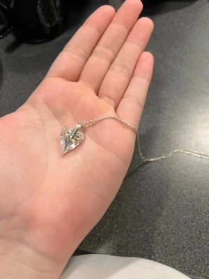 Halsband med hjärthänge  - Säljer ett halsband med ett gnistrande hjärthänge. Hänget är genomskinligt och reflekterar ljuset i olika färger, och kedjan är tunn och silverfärgad. Perfekt accessoar för att lyfta vilken outfit som helst. Kedjan har lite smuts på sig, se bilder, men det gå bort 