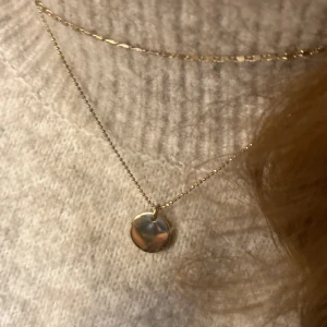 Guldigt halsband med rund bricka - Snyggt halsband i guld med en tunn kedja och en rund, slät bricka som hänge. Perfekt för dig som gillar minimalistisk och stilren design. Kedjan är diskret och brickan ger en elegant touch till din look. Är jätte lite rostig på cirkeln.