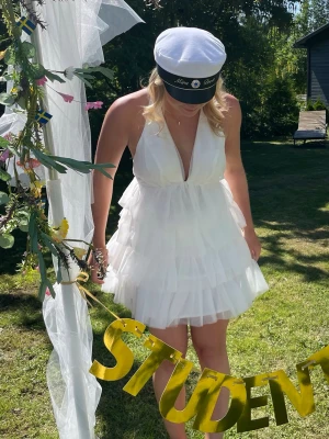 Vit volangklänning  - Superfin vit kortklänning med volanger i tyll och v-ringning framtill. Klänningen är ärmlös med tunna axelband som korsas i ryggen för en öppen rygg. Axelbanden är justerbara. Dragkedja baktill. Perfekt för student, skolavslutning eller sommarens alla tillfällen! 🌼Klänningen är använd en gång och är i mycket bra skick. Jag är 163 cm lång. Publicerad på flera säljsidor.