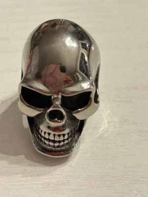     Ring i rostfritt stål storlek 19,0 mm - Helt ny ting med en stor döskalle. Storlek 19 mm. Jättebra kvalité. Endast provad.