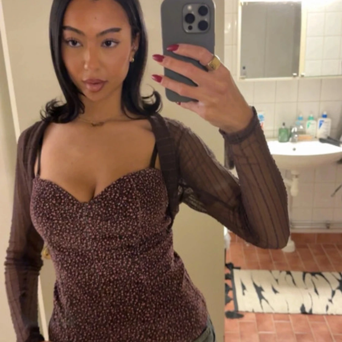 Brun mesh kofta med lång ärm - 1