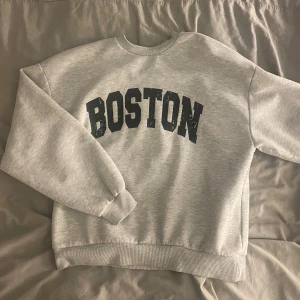 Grå sweatshirt med tryck - Säljer en grå sweatshirt med svart Boston-tryck på bröstet. Använd få gånger❣️