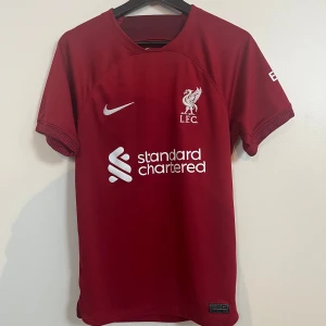 Liverpool FC matchtröja Nike röd - Liverpool FCs officiella matchtröja i mörkröd färg med vita logotyper och tryck. Klassisk rund hals, korta ärmar och tillverkad i lätt, ventilerande funktionsmaterial. Nike-logga på bröstet och sponsortryck framtill.