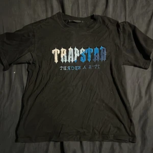 Trapstar svart t-shirt med blått tryck - Svart t-shirt från Trapstar i storlek S men liten i storlek med en logga i gradient från grått till blått på bröstet och texten 'IT'S A SECRET' under. Klassisk rund hals och korta ärmar, tillverkad i mjuk bomull. Perfekt för dig som gillar streetwear och vill sticka ut.
