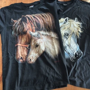 Svarta t-shirts med hästmotiv L - Två hästtröjor i storlek L på båda. Den tröjan med två hästar har samma tryck på baksidan fast gråvit, den andra tröjan har bara svart baksida. 