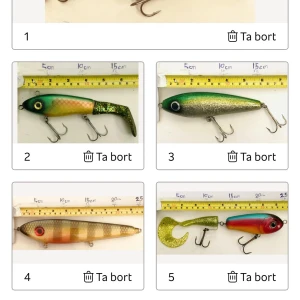 Hoosier Handmade Musky Baits samt andra göddbeten. - Unika handgjorda Musky Baits från Hoosier Handmade. Flera färgglada beten, ca 15-25 cm långa, perfekta för gädda och musky. Skarpa trekrokar, robust konstruktion och fina detaljer. Vissa mindre spår av användning, men överlag i gott skick. Kom gärna med bud.