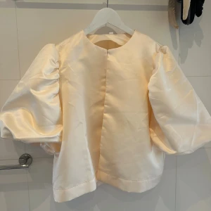 Champagnefärgad satinblus med puffärm - Säljer en champagnefärgad blus i satin med stora puffärmar och rund halsringning. Blusen har dold knäppning framtill och en boxig, lite croppad passform. Den är väldigt lik by malinas blus. Tyvärr vet jag inte vad märket är och därför skrivit in att de är märke ”by malina” men de är det inte. En aning liten i strl.
