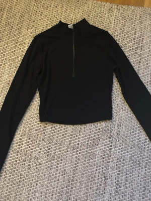Svart croppad polotopp med half zip - Säljer en svart croppad polotopp med lång ärm och half zip framtill. Toppen har en stilren design med hög krage och är tillverkad i ett mjukt syntetmaterial som sitter skönt mot kroppen. 