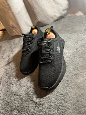 Svarta Skechers sneakers med snörning - Snygga svarta sneakers från Skechers med mesh-ovandel och klassisk snörning. Skorna har diskret logga på sidan och bekväm sula, perfekta för en aktiv vardag. Lätta och andas bra tack vare materialet, har använts vid få tillfällen. Pris kan diskuteras 😁