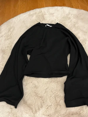 Svart croppad topp från 157 - Säljer en svart croppad topp från 157 med långa, vida ärmar och rund halsringning. Toppen har en enkel och clean design som passar perfekt till jeans eller kjol. bekväm känsla.