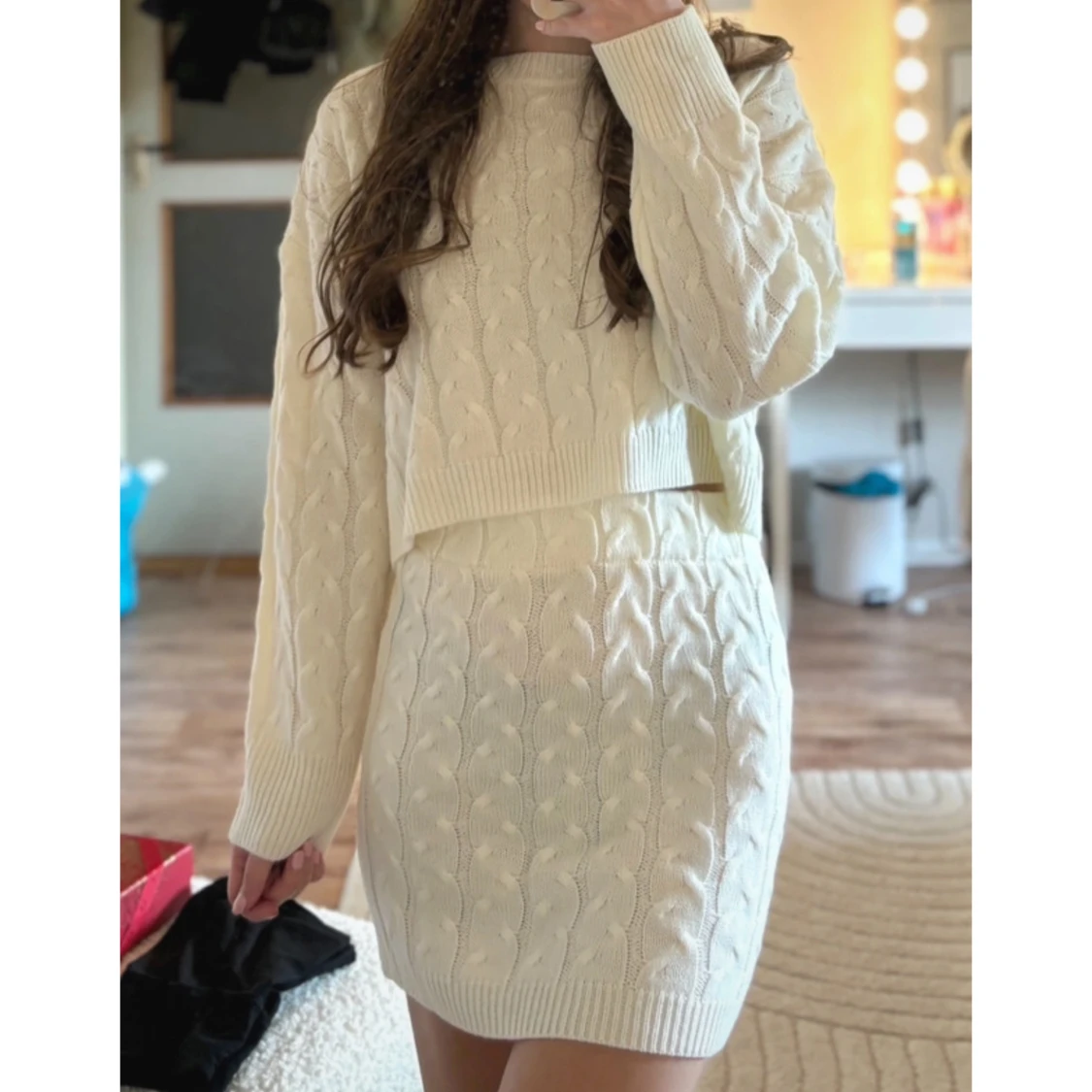 Vit stickat stickad matchande set tröja kjol klänning höst vinter cute sött coquette classy