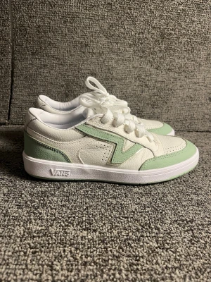 Vans sneakers i vitt och mintgrönt skinn - Säljer ett par snygga Vans sneakers i vitt och mintgrönt skinn. Skorna har klassisk låg siluett, rund tå, perforerade detaljer och breda vita snören. Perfekt för dig som vill ha en fräsch och stilren look med en twist av färg.