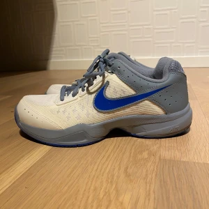 Nike sneakers i grått och blått - Nike sneakers med grå och vita meshpaneler, blå swoosh och detaljer. Skorna har snörning, platt sula och rund tå. Ovandelen är i syntet och mesh för bra andningsförmåga. Perfekta för dig som gillar sportig stil och vill ha bekväma skor. Skorna är använda endast 2 gånger. Pris kan diskuteras!
