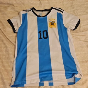 Argentina Messi #10 fotbollströja - Säljer en klassisk Argentina fotbollströja med Messi och nummer 10 på ryggen. Tröjan har breda blå och vita ränder, svarta detaljer vid krage och ärmslut samt tryckt landslagsemblem på bröstet. Kortärmad och tillverkad i lätt polyester, perfekt för match eller träning.
