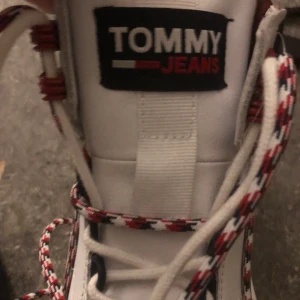 Chunky sneakers från Tommy Jeans - Säljer ett par chunky vita sneakers från Tommy Jeans med högt skaft, färgglada snören i rött, vitt och blått samt svarta och röda detaljer. Skorna har tjock sula, vadderad häl och logga på plösen. Perfekta för dig som gillar streetstyle och vill sticka ut.