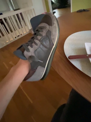 Grå och mörkbrun sneaker med mockadetaljer - Phillipe model. Säljer en snygg sneaker i grått och mörkbrunt med paneler i mocka och skinn. Skon har snörning och en rund tå, samt en vit och mörkgrön sula. Märkeslogga på sidan och cool kontrast mellan material och färger. (Kontakta innan köp)😀