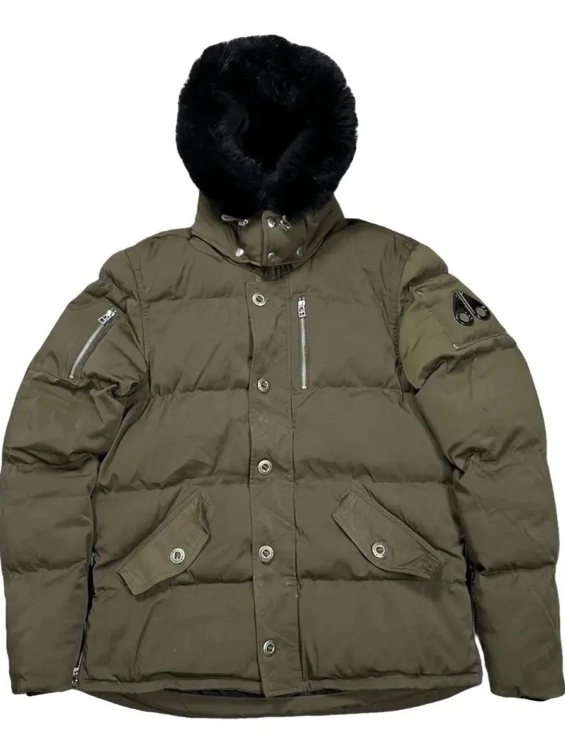 Olivgrön dunjacka med svart fuskpäls - 1