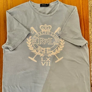 Ljusblå Polo Ralph Lauren t-shirt - Sällsynt ljusblå t-shirt från Polo Ralph Lauren med stort tryck i vitt säljes! Tröjan har minimala defekter och har använts sparsamt, skick 8/10. Tröjan är herr storlek M, axelbredd 50 och 75 och Materialet är 100% mjuk bomul. Tröjan har en grym passform och en unik design. Hör av dig om du har nån fråga!🙋 🤝