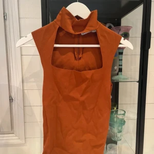 Rostorange ärmlös klänning från Zara - Snygg rostorange klänning från Zara med hög krage och fyrkantig urringning. Ärmlös modell med dragkedja bak. Perfekt för dig som vill sticka ut med en cool och modern look. Materialet känns mjukt och följsamt.