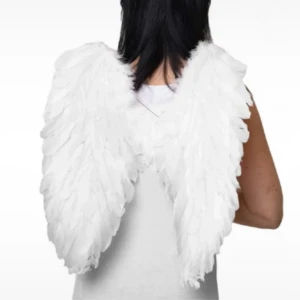 Ängelvingar - Vita ängelvingar 50x50cm. Använda en gång på halloween för två år sedan, köpta på buttericks! Några fjädrar trillade av när de användes så de är inte nyskick men bra skick. Det sitter fast två vita elastiska band på dem som är till för att man ska kunna ha dem på sig. 