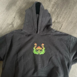 Svart hoodie Dreamland från A.Lab - Svart hoodie från A.Lab med färgglatt tryck av svampar och texten 'Dream Land' på ryggen. Framsidan har ett mindre svampmotiv. Tröjan har huva och är tillverkad i en mjuk bomulls- och polyestermix. Perfekt för dig som gillar unika och coola prints.