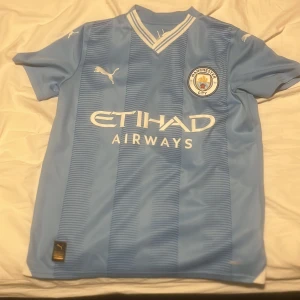 Manchester City blå fotbollströja Puma - Manchester Citys officiella ljusblå fotbollströja från Puma med vita detaljer och klubbmärke på bröstet. Tröjan har korta ärmar, V-ringad krage med vita ränder och subtilt randigt mönster framtill. Materialet är lätt och andas, perfekt för match eller träning.