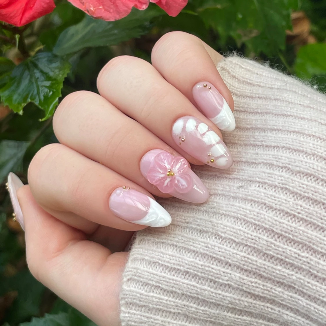 Rosa press-on naglar med 3D-blomma - 2
