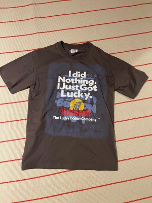 Vetements Limited Edition t-shirt - Cool grå t-shirt från Vetements Limited Edition med tryck både fram och bak: 'I did Nothing. I Just Got Lucky.' och färgglada detaljer i vitt, gult, blått och rött. Klassisk rund hals och korta ärmar. Materialet är mjuk bomull, perfekt för en chill streetwear-look.